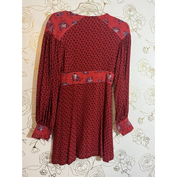 Free People Dress Small Don't Dare Red Mixed Print Mini Babydoll 014 - Picture 8 of 8